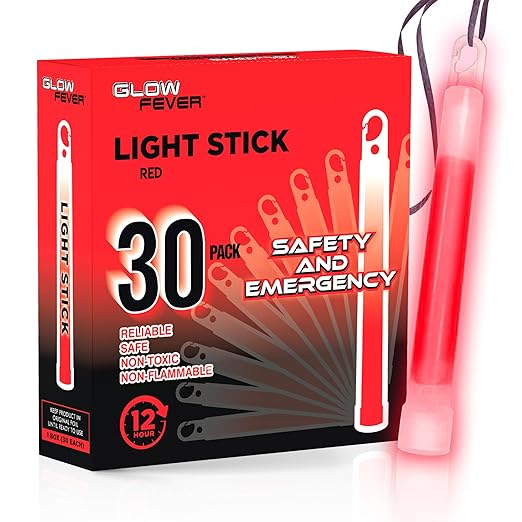 Glow Fever Emergency Safety Military Grade 6'' Lightsticks, Light Up Ultra Bright Glow Sticks with 12 Hours Duration. for Hiking Party Camping Blackouts Hurricane Shelter Survival Kit (Red, 30PCS)