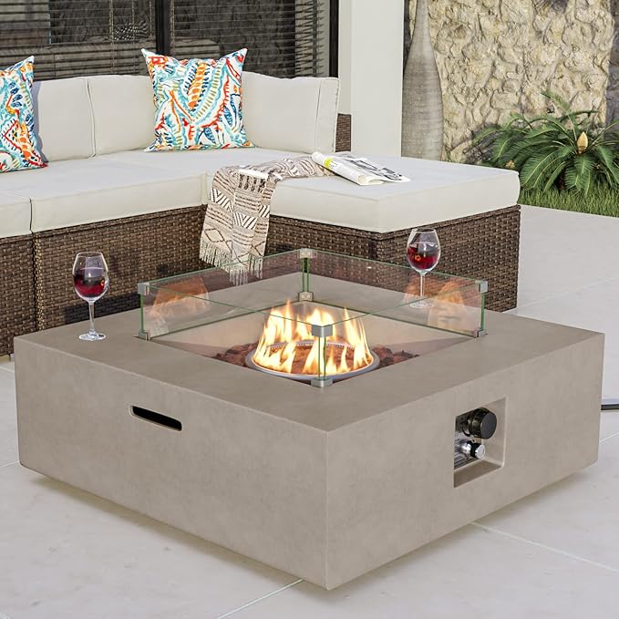 COSIEST Square Outdoor Sandstone Propane Fire Pit w Wind Guard, CSA Certified, 50,000 BTU Stainless Steel Burner, 35-inch, Free Lava Rocks and Rain Cover, Tank Outside, Metal Lid (Gray)