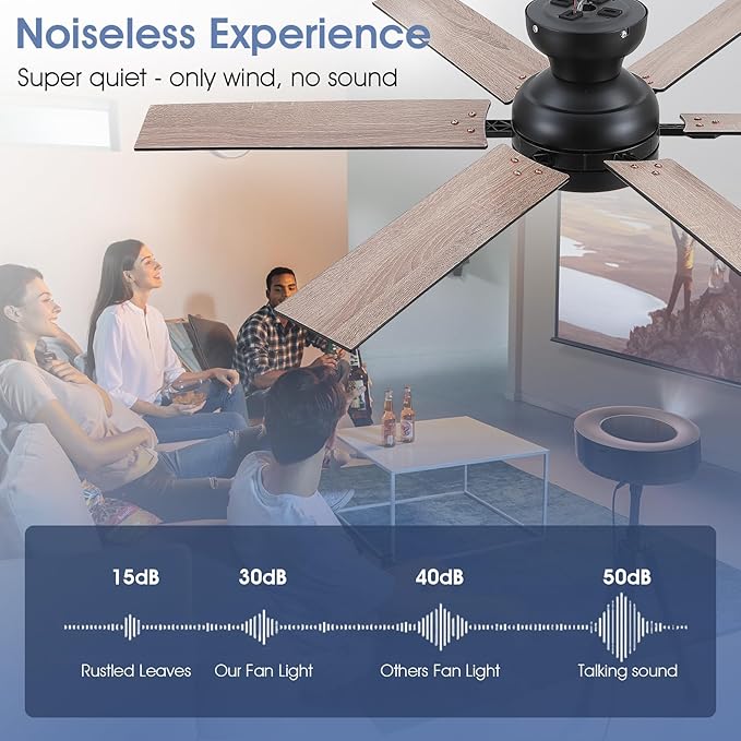 52" Black Low Profile Ceiling Fans with Lights and Remote, Modern Flush Mount Ceiling Fans with Quiet DC Motor, 6 Speeds Reversible