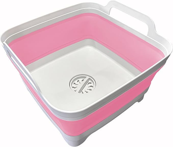 9L (2.4Gal Dish Basin Collapsible with Drain Plug Carry Handles , Space Saveing Kitchen Storage Tray Dish Wash Basin, Portable Dish Tub for Camping ,RV,Pink