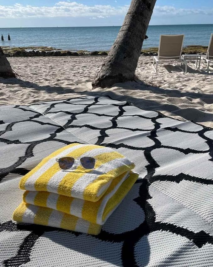 5x7 Black Lattice RV Mat – Extra Thick 5mm Recycled Poly Rug – Heavy-Duty, Waterproof, Reversible – Stylish Luxury Outdoor Rug for Camping, Beach (Black Lattice NO Carry Bag, 5'x7')