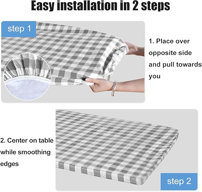 Fitable Checkered Picnic Table Cover Waterproof Vinyl Fitted Table Cover Flannel Backing Outdoor Indoor Tablecloth 30"x96" for Picnic, Travel, Holiday, Party, Folding Table, Silver Grey