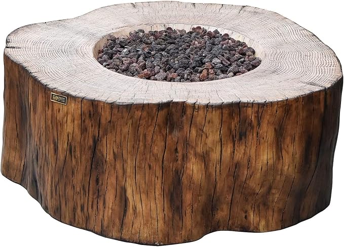 Elementi | Manchester Gas Fire Pit Cast Concrete Semi-Round Fire Table, Outdoor Fire Pit Electronic Ignition | Canvas Cover, Lava Rock Included | Red Wood | Natural Gas