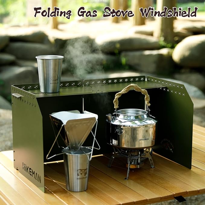 HIKEAMN Camping Stove Windscreen - Outdoor Folding Gas Stove Windshield,Camping Wind Blocker with a Storage Bag for Camping,Hiking,Picnic,Cooking (Army Green)