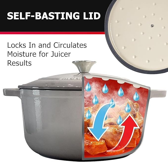 MÜELLERHOME 4.5 QT Enameled Cast Iron Dutch Oven, Heavy-Duty Casserole Dish and Braiser Pan with Lid and Stainless Knob, Oven-Safe up to 500° F & Across All Cooktops, Grey