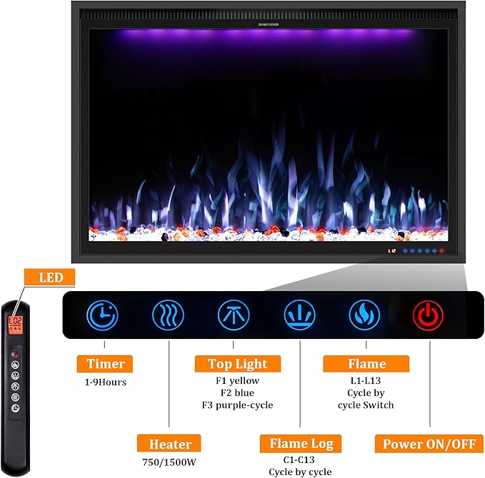Benrocks 40'' WiFi- Enabled Electric Fireplace Inserts - Alexa & App Control, Slim Recessed & Wall Mounted, 13 * 13 * 3 Flame Color Combinations, 750W/1500W, Black