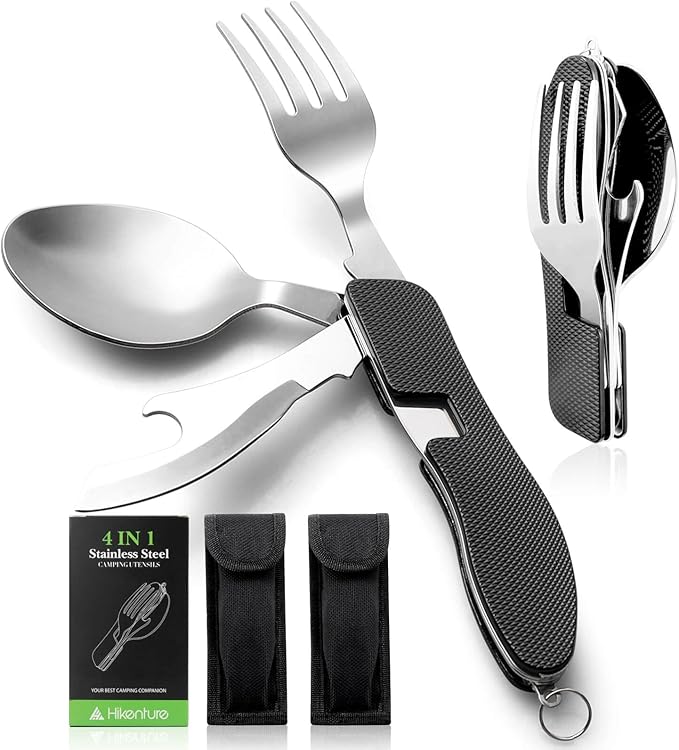 HIKENTURE Camping Utensils with Case 4-in-1 Folding Flatware Stainless Steel Fork Knife Spoon Bottle Opener Travel Cutlery Hobo Multitool Set(Black 2 Pack)