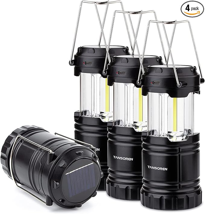 4 Pack Solar Lantern Camping Essentials Lights, LED USB Rechargeable Flashlight for Power Outages, Battery Powered Magnetic Base Operated Lamp for Emergency, Survival Gear and Supplies for Hurricane