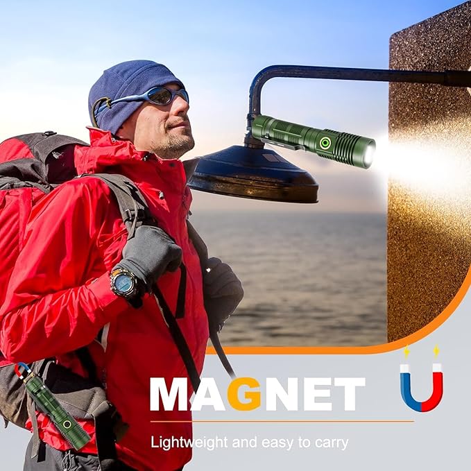 Small Tactical Flashlights High Lumens - 1500 Meters Long Beam Super Bright LED Magnetic Flashlight USB Rechargeable Zoomable 5Modes Long Beam Spotlight Flashlight for Hiking, Camping-Green