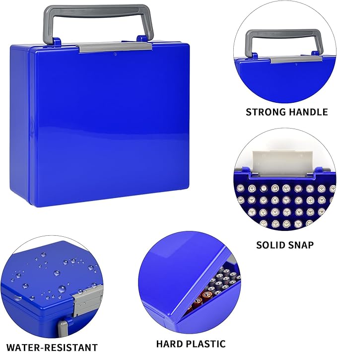 FULLCASE Battery Storage Organizer Holder Holds 72 AA AAA Batteries, Box Cases Garage Container, Home Drawer Organization Dispenser (Case Only) (Blue)