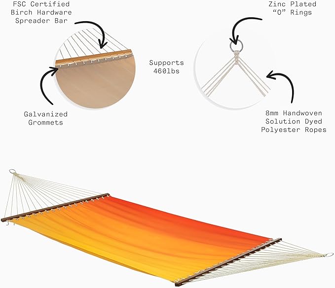 Fab Habitat Ombre Recycled Polyester Hammock - Big Sur - Sunset - Indoor/Outdoor, Quick Dry, 2 Person 460 lbs Capacity - Patio, Poolside, Backyard, Garden, Beach, Balcony - 12-14 ft Adjustable