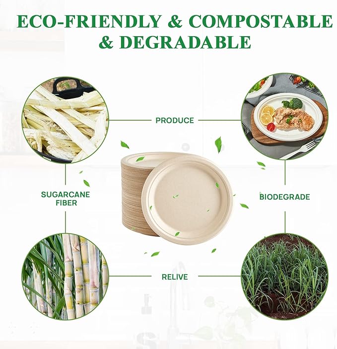 Vplus 150 Pack Paper Plates 9 inch 100% Compostable, Heavy-Duty Disposable Paper Plates Bagasse Natural Biodegradable Eco-Friendly Sugarcane