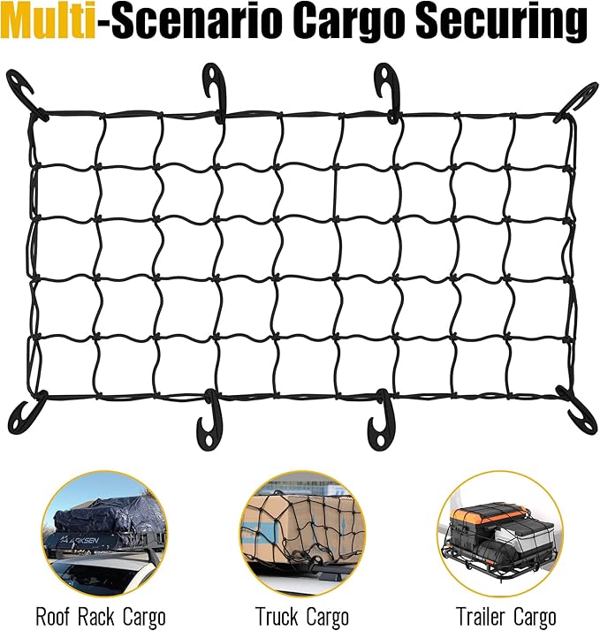 ARKSEN 17" x 33" Heavy Duty Tangle-Free Nylon Cargo Net (3.9" x 3.9" Mesh) Universal Bungee Stretches for Pickup, Truck, Bed, SUV, Roof Rack & Travel Luggage Rack