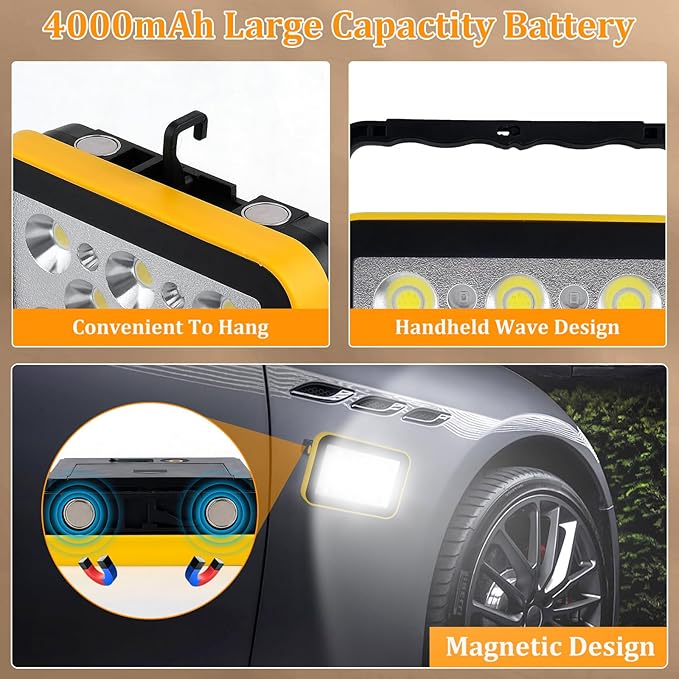 2 PackWork Light Portable COB LED Super Bright Rechargeable Flood Light Working Lamp Stand USB Cordless Battery Powered Worklight Tool for Outdoor Camping