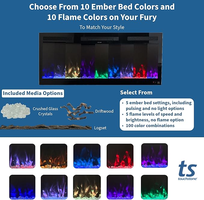 Touchstone Smart Electric Fireplace-The Fury 50" Wide- 4.5" Thin in Wall Recessed-100 Realistic Flame/Ember Bed Color Combos-1,500W Heater-Larger Viewing Area-Alexa/WiFi Enabled