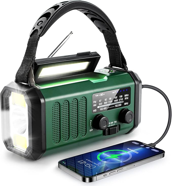10000mAh Hand Crank Emergency Radio, NOAA Weather Radio with AM/FM & solar Radio, Rechargeable Battery, Flashlight & Reading Light, SOS Alarm, Compass Cell Phone Charger for Indoor Outdoor Emergencies