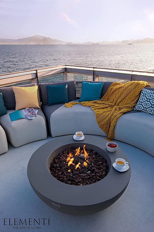 Elementi | Lunar Gas Fire Pit Cast Concrete 42" Round Fire Table, Outdoor Fire Pit Electronic Ignition | Canvas Cover, Lava Rock Included | Dark Gray (Natural Gas)