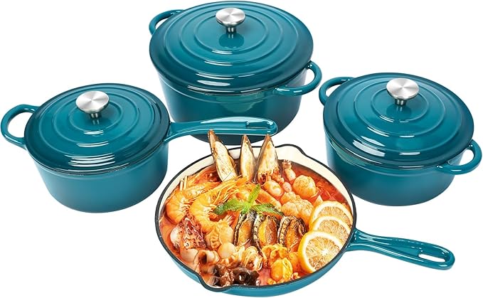 QuliMetal Nonstick Enameled Cast Iron Cookware Set, 7Pcs Pots and Pans with Lid, Frying Pan Skillet, Saucepan, Healthy Dutch Oven for Sourdough Bread Baking, Oven Safe up to 500° F or on All Stovetop
