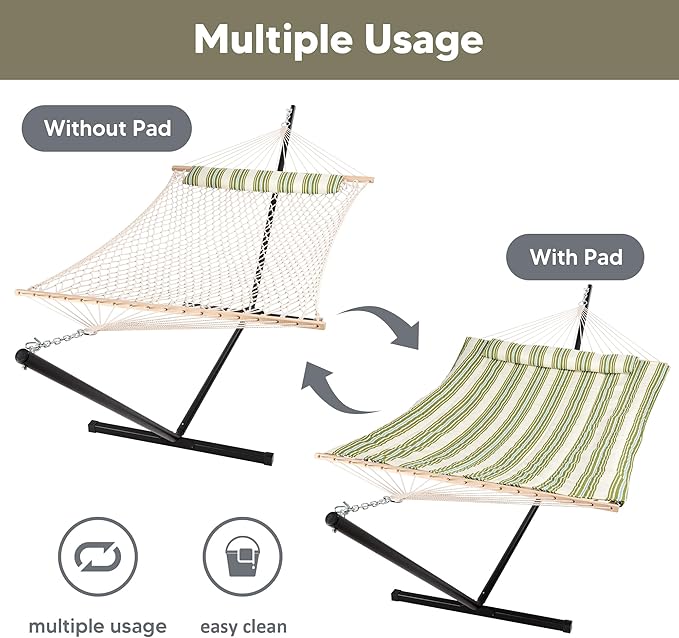 SUNCREAT Cotton Rope Hammock for Two People with Hardwood Spreader Bars, Quilted Fabric Pad & Detachable Pillow, Extra Large Hammock with 12 FT Steel Stand, Ipad Bag & Cup Holder, Green&Beige