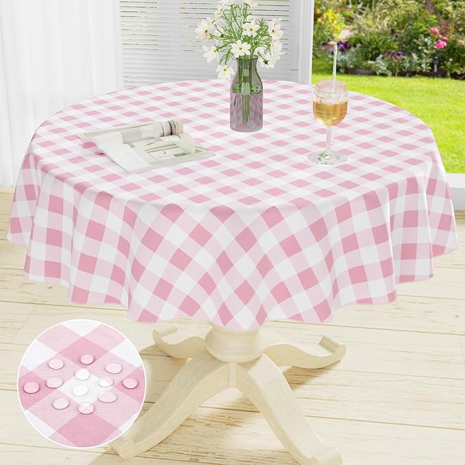 misaya Round Waterproof Vinyl Table Cloth, Buffalo Flannel Backed Tablecloth, Wipeable Plastic Table Cover for Dinner, Kitchen, Picnic (60", Pink and White)