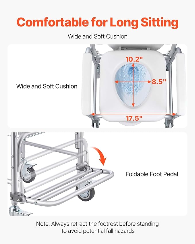 VEVOR Bedside Commode Chair with Wheels, 350 lbs Capacity, 4-in-1 Portable Toilet and Raised Toilet Seat with Padded Seat/Backrest/Flip-up Footrest, Detachable 5L Bucket, Shower Wheelchair for Seniors