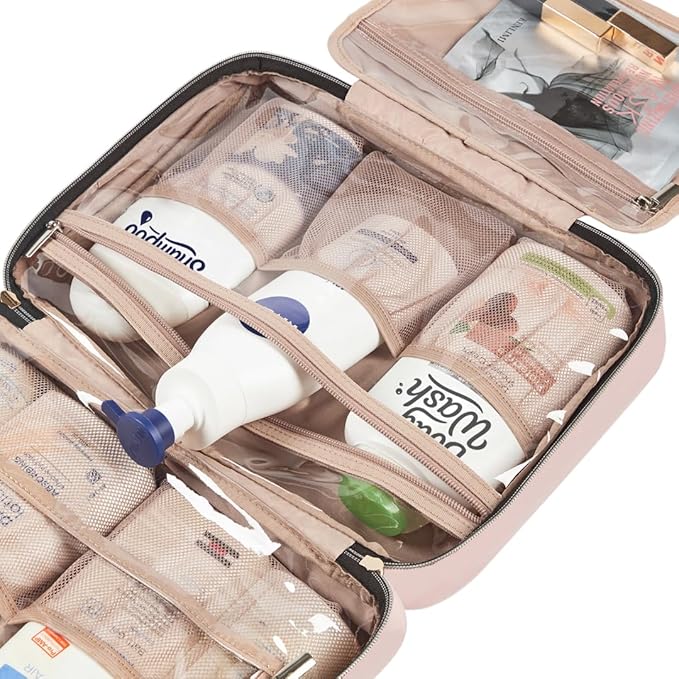 NISHEL Travel Toiletry Bag for women, Portable Hanging Organizer for Family-Sized Shampoo, Conditioner, Brushes Set, Makeup Accessories, Extra Large Size, Pink