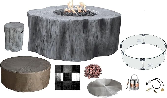 Elementi | Bundle Manchester Gas Fire Pit Cast Concrete Semi-Round Fire Table, Outdoor Fire Pit Electronic Ignition | Canvas Cover, Lava Rock Included | Classic Gray (Propane Gas)