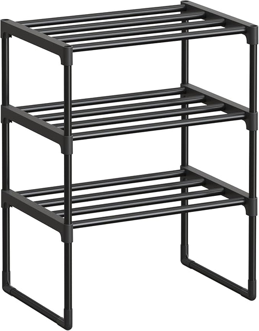 SONGMICS Shoe Rack, 3-Tier Shoe Organizer, Metal Storage Shelf, Upright or Upside Down, for 4-8 Pairs, Stackable, for Entryway, 11.8 x 16.7 x 21.5 Inches, Black ULSA003B01