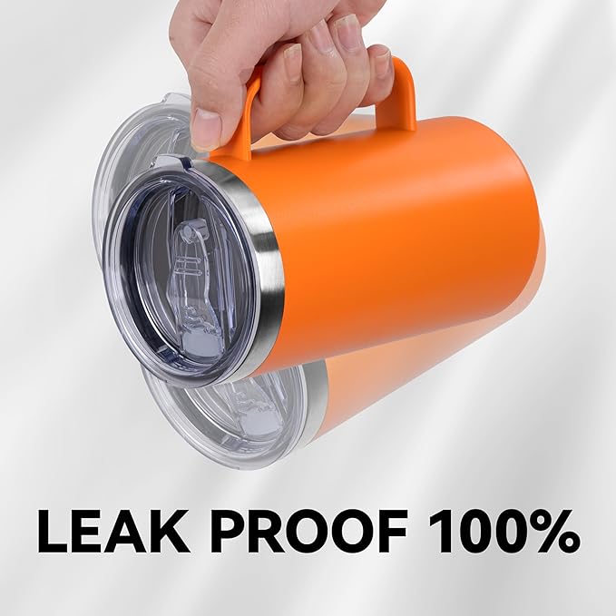 DOMICARE 24oz Mug with Handle and Lid, Stainless Steel Coffee Mug, Reusable Insulated Cup, Travel Mug with Handle, Double Wall Vacuum Coffee Tumbler for Men and Women, Orange, Pack 1