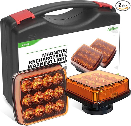 Agrieyes 2Pcs Rechargeable Flashing Lights for Vehicles, Super Magnetic Strobe Hazard Lights, Wireless Portable Amber Led Warning Beacon Emergency Light for Trucks Bus Tractor Oversize Trailer