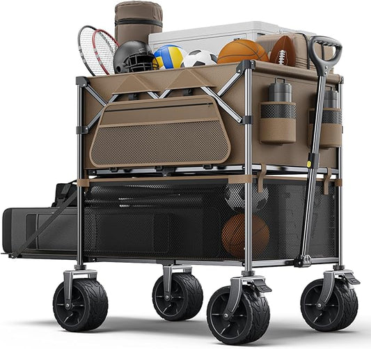 Foldable Wagon Cart,Everyfun 480Lbs Double Decker Wagon,Beach Carts with Big Wheels&Side Pocket&Dustbag,Large Capacity Folding Wagon for Shopping,Garden,Camping,Fish,New Wave Sports Wagon-Brown