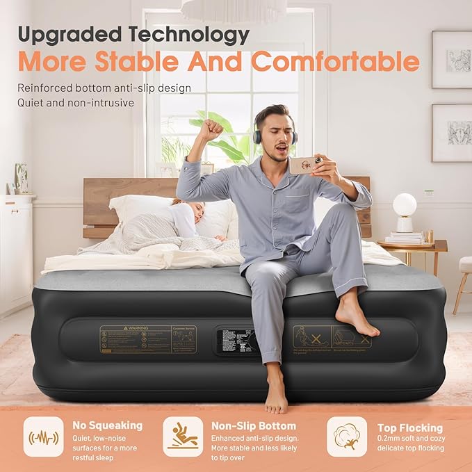 Air Mattress Queen with Built in Pump,18'' Inflatable Mattress 2 Mins Self-Inflation/Deflation,Thicker Blow up Mattress Leak-Proof,Flocked Top Air Bed with Storage Bag for Home, Camping & Guests