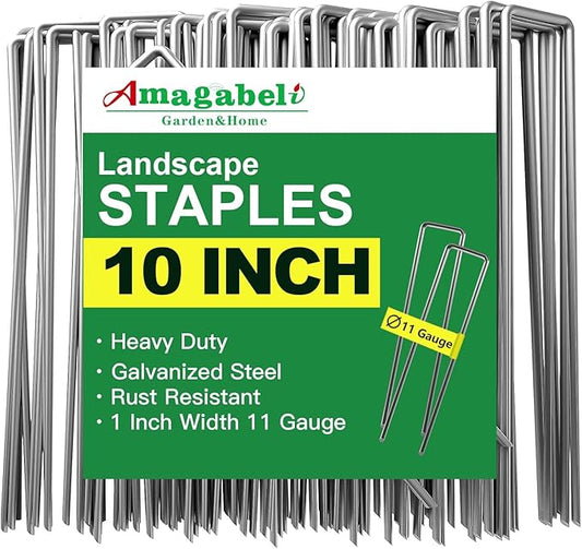 AMAGABELI GARDEN & HOME 10 Inch 200 Pack Galvanized Landscape Staples 11 Gauge Garden Staples Landscaping Staples Heavy Duty U-Shaped Tent Stakes Pins Garden Stakes for Weed Barrier Fabric Tubing Lawn