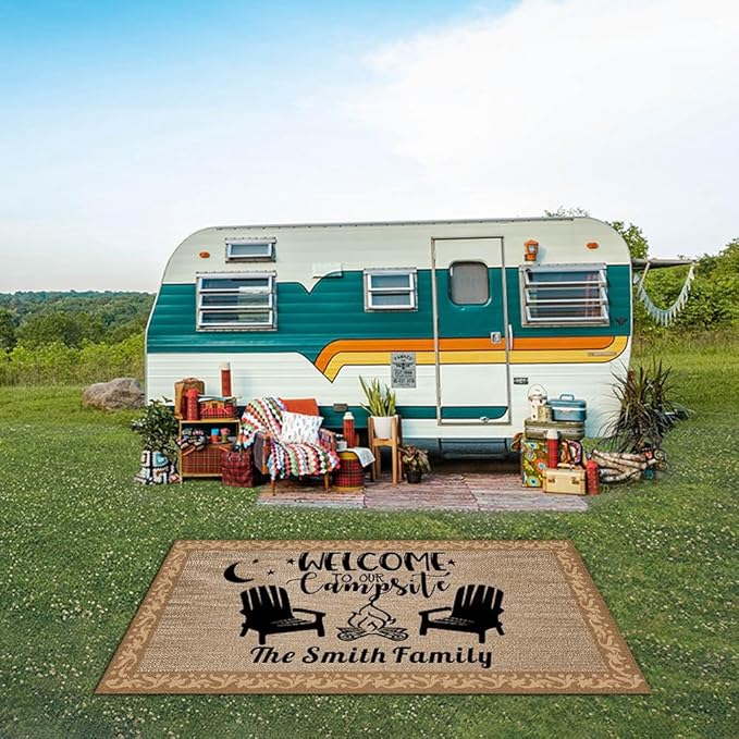Custom Camping Rug Welcome to Our Campsite RV Trailer Decor Camper Floor Mat for Outdoors, Patio, Backyard, Picnic, Beach, Camping, 55 x 95 Inch (20 RV Optional)