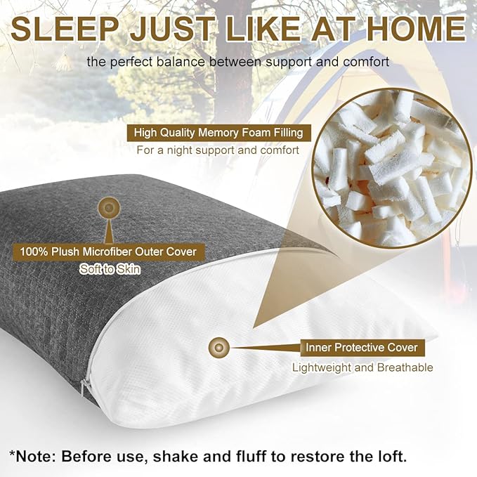 Ivellow Travel Pillow Compressible Camping Pillow for Sleeping Shredded Memory Foam Pillow Compact Firm Supportive for Adults Kids Outdoor Backpacking Hiking Essential Gear