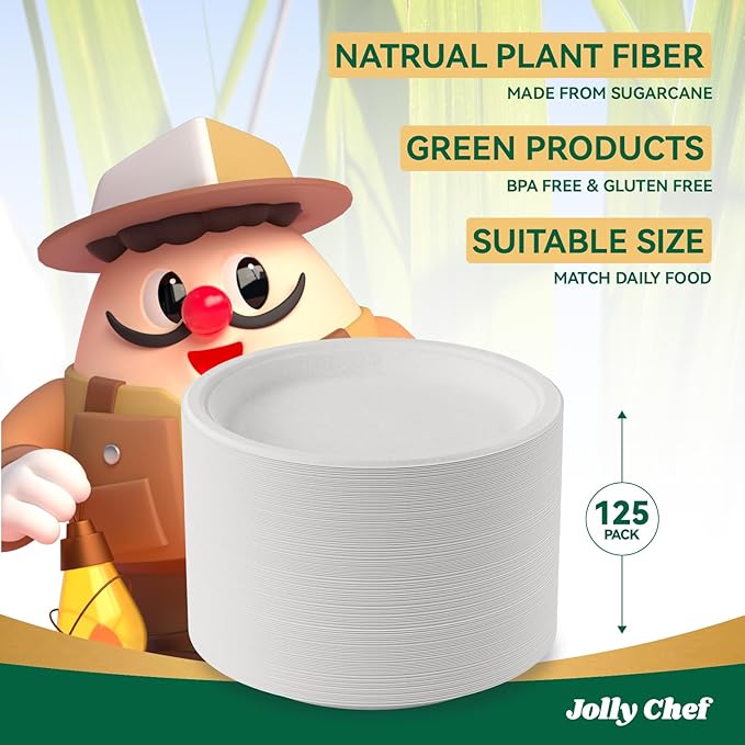 JOLLY CHEF Compostable Heavy Duty Plates 9 Inch [125 Pack] Eco-Friendly Disposable Natural Paper Plates Bagasse Biodegradable Bulk for Party Dinner Sugarcane Fibers Round 125 Count(White)