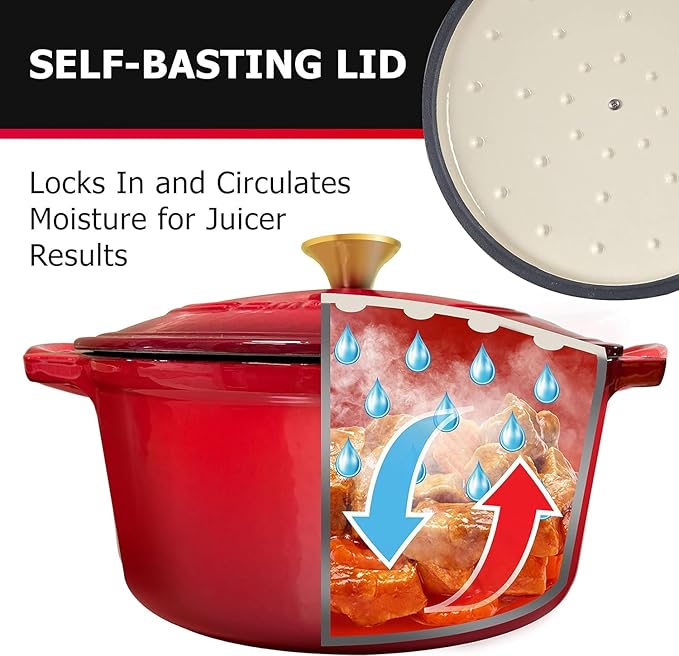 MÜELLERHOME 4.5 QT Enameled Cast Iron Dutch Oven, Heavy-Duty Casserole Dish and Braiser Pan with Lid and Stainless Knob, Oven-Safe up to 500° F & Across All Cooktops, Red