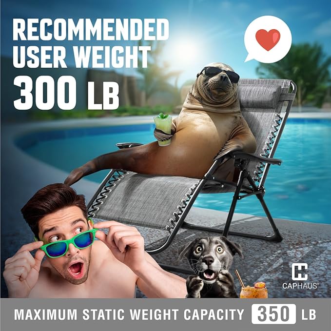 CAPHAUS Grey Zero Gravity Chair, Zero Gravity Recliner, Zero Gravity Lounge Chair, Reclining Outdoor Chair, Anti-Gravity Chair for Indoor & Outdoor, Folding Reclining Chair w/Side Tray, Grey