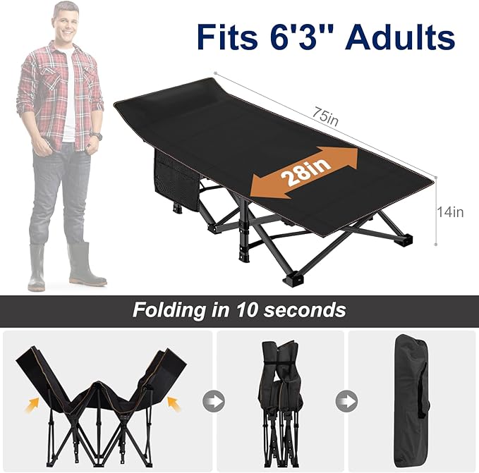 ABORON Folding Camping Cot W/Mat for Adults, Heavy Duty Outdoor Bed with Carry Bag,1200 D Layer Oxford Travel Camp Cots (Black Cot with Black Cotton Pad)