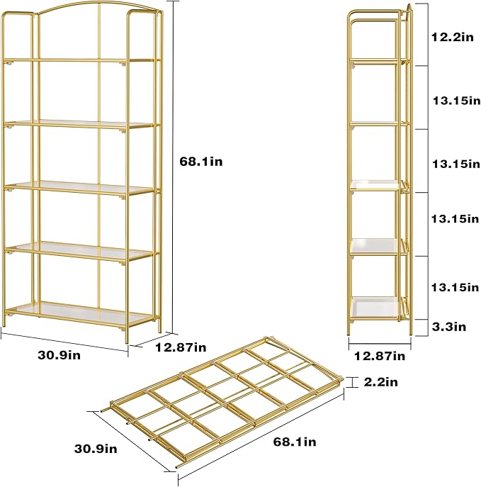 Crofy No Assembly Folding Bookshelf for Living Room, 5 Tier Gold Collapsible Book Shelf for Home Office, Portable Bookcase Storage Organizer