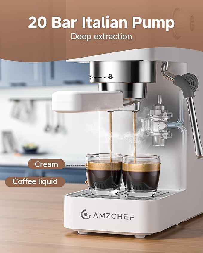 AMZCHEF Espresso Machine 20 Bar, Compact Espresso Maker with Steam Milk Frother, Coffee Maker with 41oz Removable Water Tank for Home, Coffee Machine for Cappuccino, Latte, Americano, 1350W