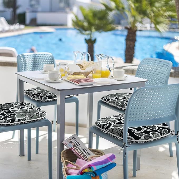 Indoor/Outdoor Chair Cushions 16x17 Inch, Patio Chair Cushions with Ties, All Weather Seat Cushions for Patio Furniture Home Garden Chair Use, Set of 4,Flower Black