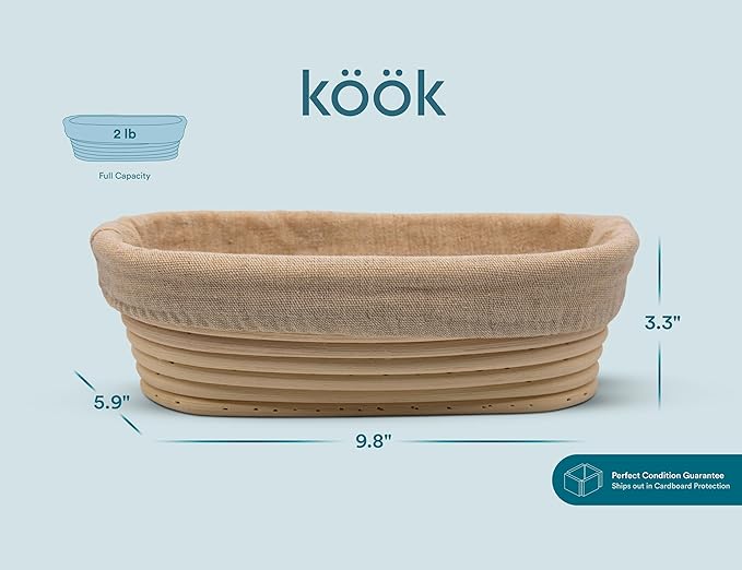 Kook Dutch Oven with Lid, Sourdough Bread Baking Supplies, Banneton Bread Proofing Set, Dual Handles, Enameled Cast Iron, Great for Baking Bread, 3.4 Qt, Artisan Sourdough Bread Making Kit, 9.8 Inch Rattan Baskets and Liners, Oval