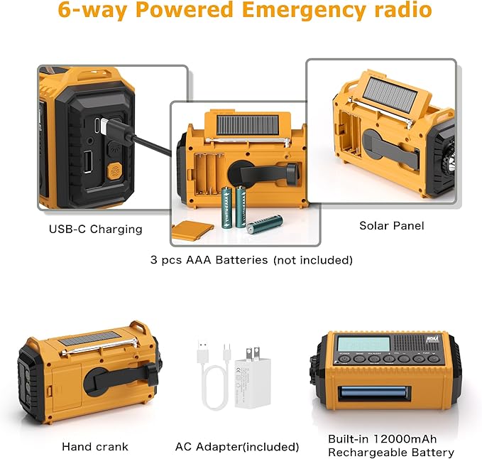 12000mAh NOAA Emergency Weather Radio, Hand Crank Emergency Radio Portable AM FM Shortwave, Solar Rechargeable Battery Powered with USB-C Charger & Adapter, SOS Alert Flashlight for Outdoors