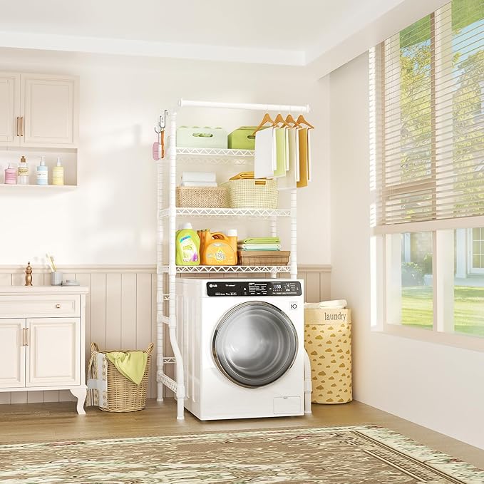 Ulif U11 Medium Over Washer and Dryer Shelves, 3 Tiers Laundry Room Storage and Organizer Standing Shelf, Metal Freestanding Clothes Drying Rack, 31.1”W x 19.7”D x 77.6”H, White