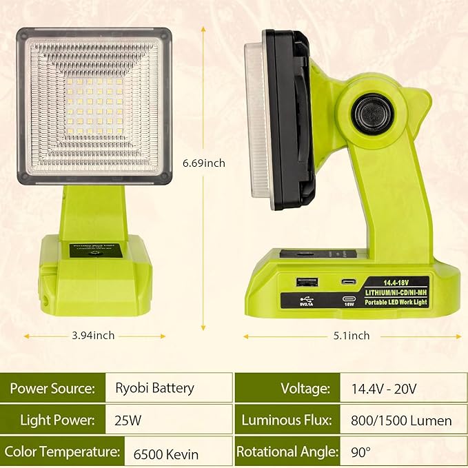 25W 2000LM Cordless LED Work Light Compatible with Ryobi One 18V Battery Portable Flood Lights for Outdoor Indoor Workshop Job Site, LED Floodlight with Pivoting Head/USB Port(No Battery)