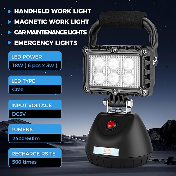 LED 18W Work Light 2400LM Aluminum Alloy Strong Magnetic Waterproof Dustproof Portable Handle Floodlight Suitable for Repair Workshop Garage Construction Site (Black)