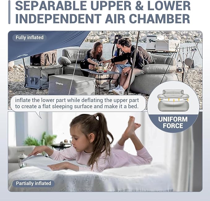 KingCamp Inflatable Couch for Camping, Portable Foldable Eco-Friendly Reach-Certified PVC Liner Air Lounger Blow Up Sofa with Foot Pump, Pegs, Repair Kit & Removable Cover