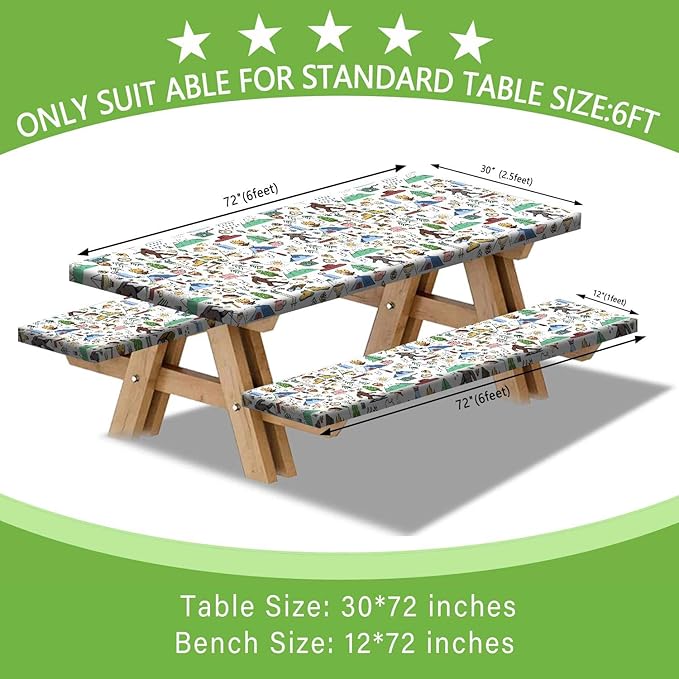 JAWO Picnic Table Covers with Bench Covers Camping Big Foot Adventure Tablecloth Fitted Picnic Table Cover with Elastic Windproof Waterproof Fabric, Camping Accessories Patio & Outdoor