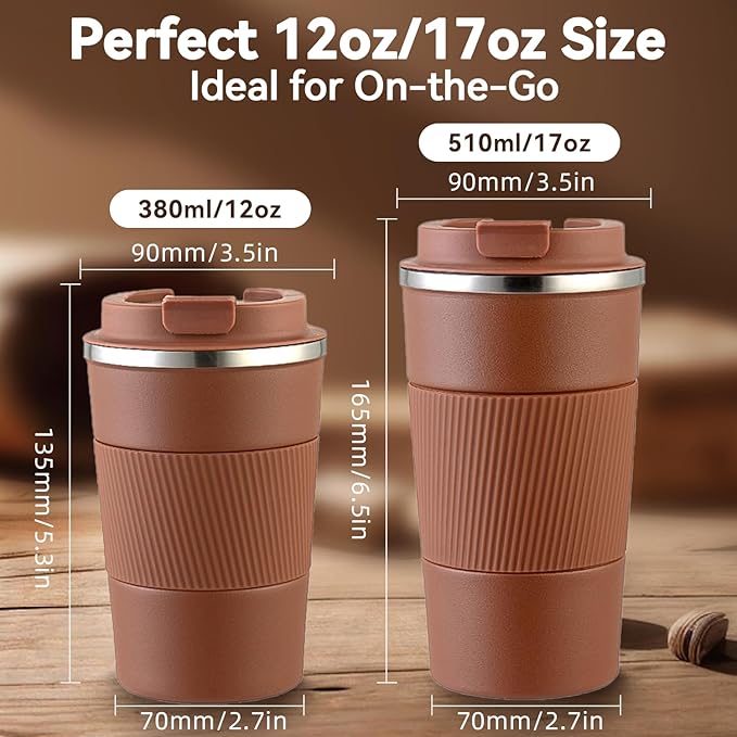 12OZ Travel Coffee Mug Insulated Coffee Cup with Spill Leak Proof Lid, Portable Stainless Steel Tumbler Reusable Hot and Cold Water Mug for Car, Daily, Camping- Coffee